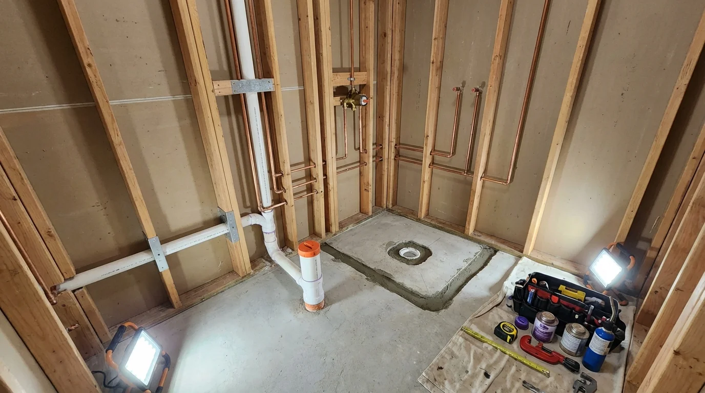 Bathroom rough-in plumbing during remodel by Johns Plumbing LLC in Roebuck
