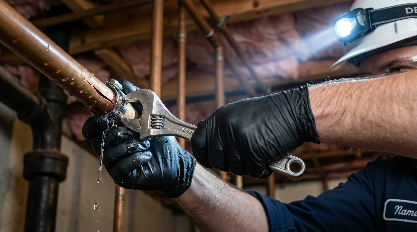 Emergency pipe clamp repair being performed by a Johns Plumbing LLC plumber in Roebuck