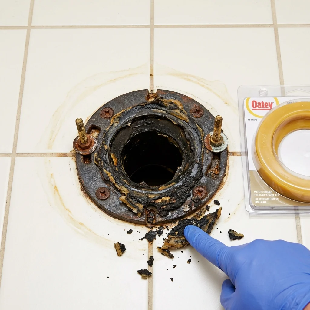 Failed wax ring showing water seepage at the base of a toilet in a Roebuck, SC home